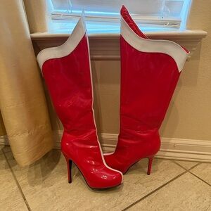 Ellie Red and White Heeled Boots